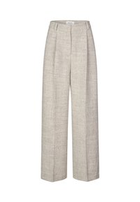 Pantaloni a vita alta grigio chiaro in tessuto strutturato, con gamba larga e due pince frontali. Presentano una chiusura con bottone frontale e passanti per la cintura.
