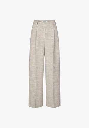 Gai pelēki augsto jostasvietu bikses ar strukturētu audumu, plašām kājām un divām priekšējām krokām. Iekļauj priekšējo pogu aizdari un jostu cilpas.