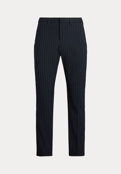 Men's black dress pants with thin white vertical pinstripes, belt loops, and a straight-leg cut.