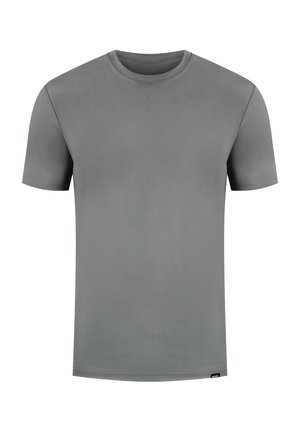 T-shirt grigio a maniche corte realizzato in tessuto morbido. Presenta un collo rotondo e una texture liscia, con un design semplice e minimalista.