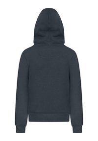 Czarnoszary sweatshirt z kapturem o gładkiej fakturze, z prążkowanymi mankietami i dołem oraz okrągłym kapturem. Brak widocznych detalów z przodu.
