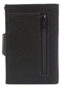 Black leather wallet with a textured surface, vertical zipper compartment, and a card slot on the front. Compact rectangular shape.