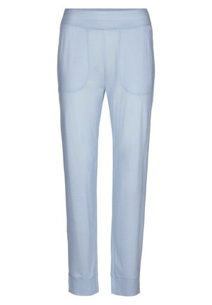 Lichtblauwe joggingsbroek met een elastische tailleband, twee voorzakken, taps toelopende pijpen en ribboorden bij de enkels. Zachte stoftextuur.
