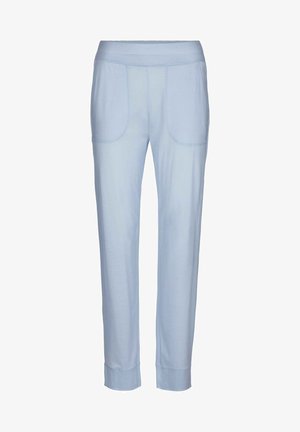 Lichtblauwe joggingsbroek met een elastische tailleband, twee voorzakken, taps toelopende pijpen en ribboorden bij de enkels. Zachte stoftextuur.
