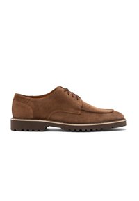 Braune Wildlederschuhe mit gesticktem Design, Schnürverschluss und Gummisohle mit sichtbaren Profilen für besseren Halt. Klassische Oxford-Form.