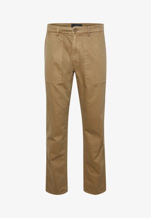 Pantaloni din bumbac bej cu un design drept, având două buzunare mari în față și închidere cu nasture. Textură netedă și stil casual.