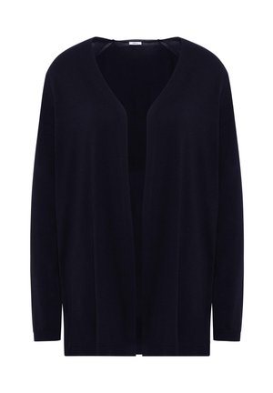 Mörk marinblå öppen cardigan med långa ärmar, mjuk textur och utan knäppning, med V-ringning och subtila sömmar.