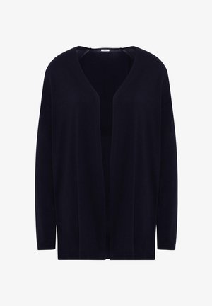 Cardigan aperto di un blu navy scuro, con maniche lunghe, texture morbida e senza chiusura, caratterizzato da un collo a V e dettagli di cucitura sottili.