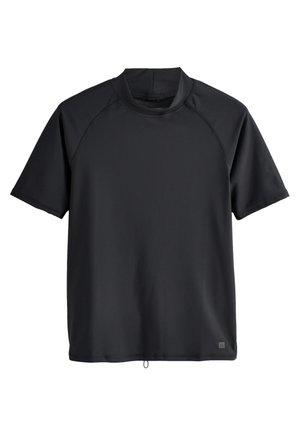 Musta lyhythihainen rashguard-paita, jossa korkea kaulus ja pieni logo lähellä alahelmaa.