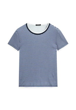 T-shirt à manches courtes à rayures horizontales bleues et blanches, avec un col rond bleu marine et une doublure intérieure blanche, posé à plat sur un fond blanc.