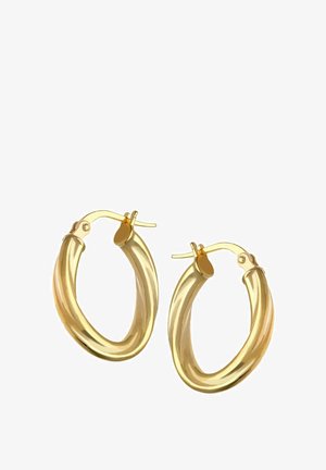 Auksinės auskarai lankai su sukimo dizainu, pasižymintys lygiu metaliniu paviršiumi ir tvirtu užsegimu.