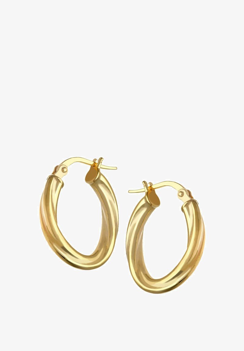 Kuldsete rõngaste kõrvarõngad keerduva disainiga, sujuva metallilise viimistluse ja kindla lukuga.