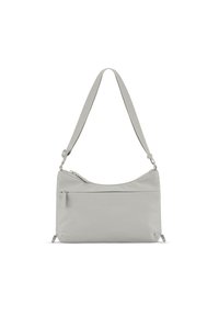Borsa a spalla in nylon grigio con parte superiore curvata, tracolla regolabile e tasca frontale con cerniera. Texture liscia, design minimalista e dimensioni pratiche.