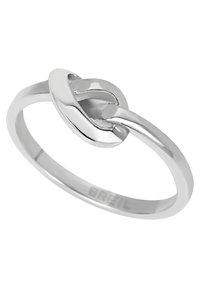 Silver ring med en stilren design och en slät, sammanflätad accent högst upp. Den polerade ytan förstärker glansen; graverad med "BREIL."