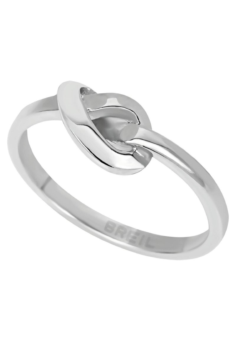 Silver ring med en stilren design och en slät, sammanflätad accent högst upp. Den polerade ytan förstärker glansen; graverad med "BREIL."