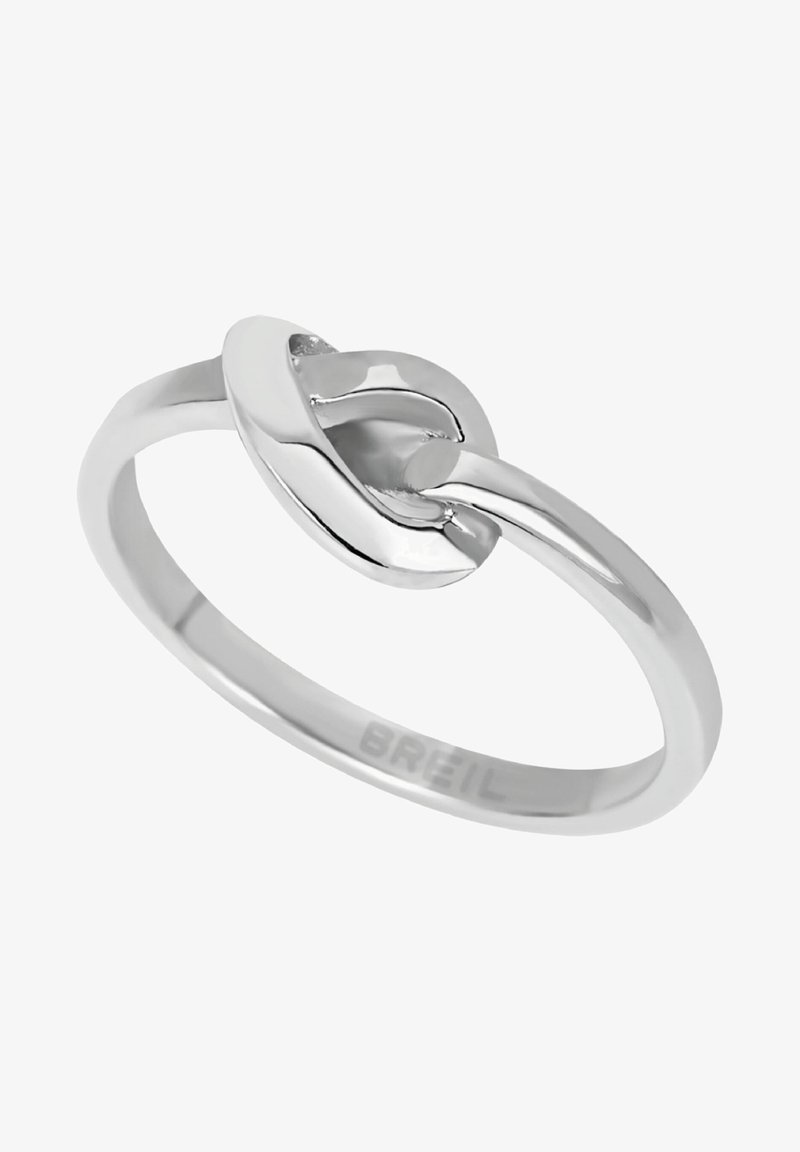 Silver ring med en stilren design och en slät, sammanflätad accent högst upp. Den polerade ytan förstärker glansen; graverad med "BREIL."