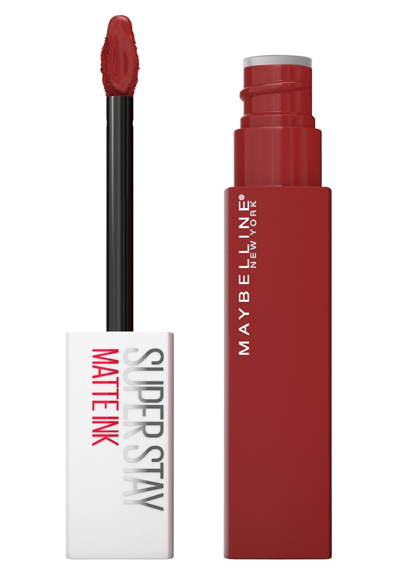 Produit à lèvres rouge avec une finition mate. Présente un applicateur rectangulaire blanc avec le texte "Super Stay Matte Ink" et un élégant conteneur rouge à droite.