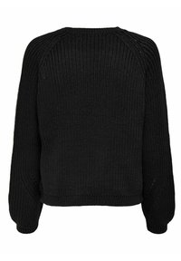 Schwarzer gestrickter Pullover mit lockerem Schnitt, gerippten Bündchen und strukturierter Oberfläche. Er hat einen runden Ausschnitt und ein einfarbiges Muster.