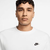 White sweatshirt with round neckline and long sleeves, featuring a black Nike logo on the left chest. Smooth texture and relaxed fit.