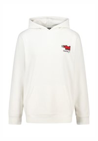 Sudadera blanca con capucha, hecha de un tejido suave, que presenta un bolsillo frontal y un diseño gráfico bordado en rojo en el lado izquierdo del pecho.