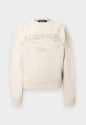 Off-white long-sleeve sweatshirt with DSQUARED2 logo, "since 1995" text, and small star and vine designs across the chest.