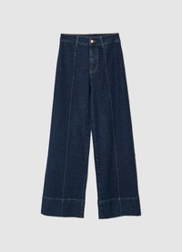 Jean à jambes larges en denim bleu foncé avec une taille haute, une fermeture à boutons sur le devant et un double détail de couture le long des jambes.
