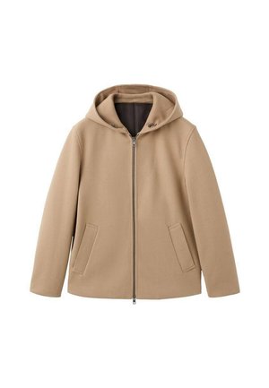 Jachetă bej cu glugă, realizată dintr-un material moale, cu fermoar frontal, două buzunare laterale și croială lejeră. Textură netedă, design minimalist.