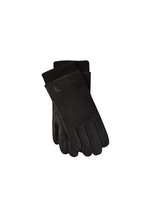 Paire de gants en cuir noir avec poignets en maille côtelée et logo "CK" embossé sur la zone du poignet.