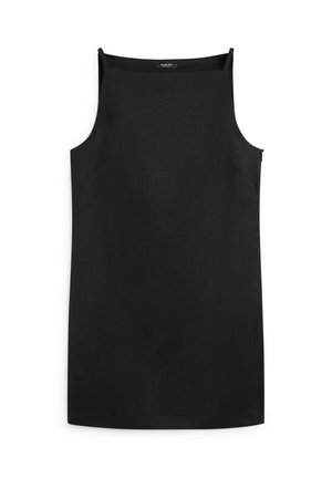 Zwarte mouwloze recht gesneden jurk met dunne schouderbandjes en subtiele details aan de zijnaden, plat uitgestald op een witte achtergrond.