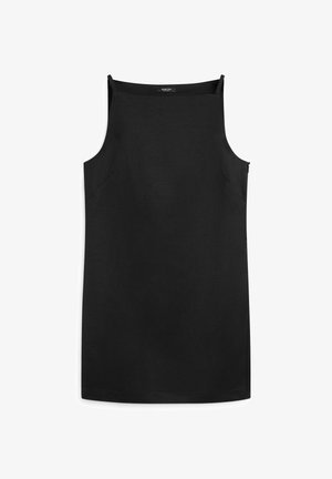 Zwarte mouwloze recht gesneden jurk met dunne schouderbandjes en subtiele details aan de zijnaden, plat uitgestald op een witte achtergrond.