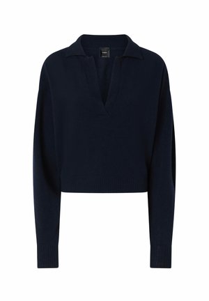 Maglione corto blu navy con scollo a V e colletto, dotato di maniche lunghe e polsini a costine, realizzato in morbido tessuto a maglia.