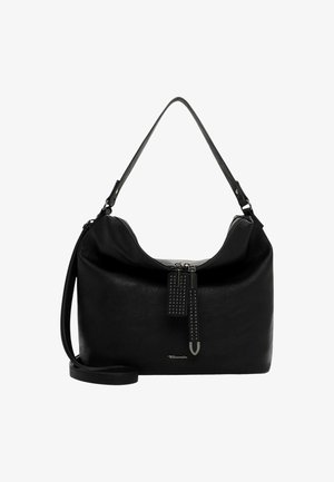Borsa a tracolla in pelle nera di forma hobo, con chiusura superiore a zip, dettagli con borchie e tracolla rimovibile.