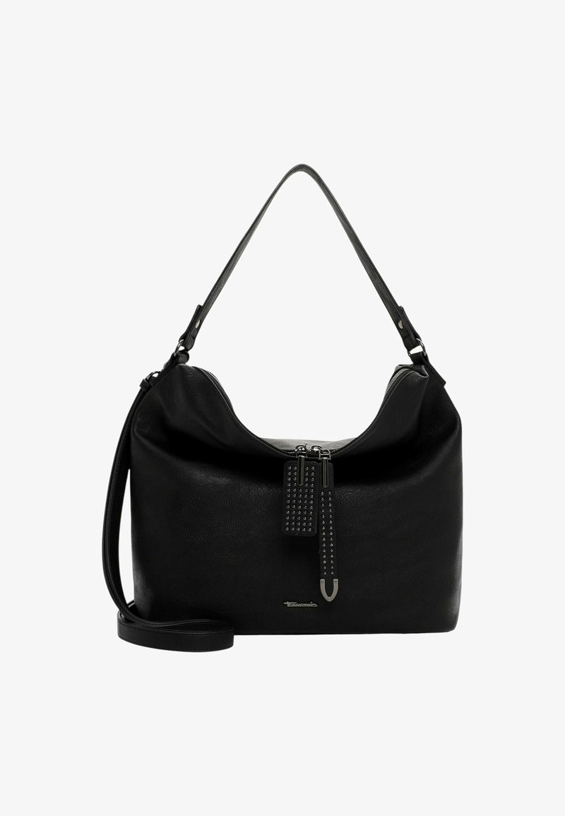Bolso de cuero negro en forma de hobo, con cierre superior de cremallera, acentos de tachuelas y una correa de hombro desmontable.