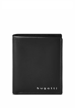 Zwarte leren bifoldportemonnee met zichtbare stiksels en zilveren "bugatti"-logo op de rechteronderhoek aan de voorkant.