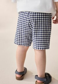 Marinblå och vit rutig shorts med rak skärning och fållade kanter, tillverkade av lätt tyg, i kombination med mörka sandaler.