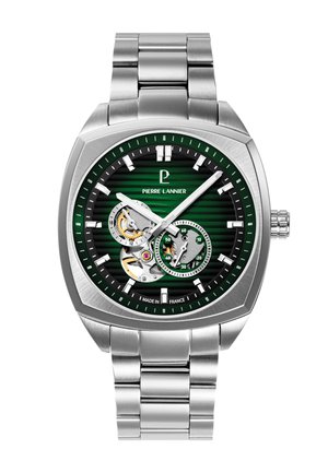 Square silver metal wristwatch with green striped dial, visible gears, two subdials, silver hour markers, and metal link bracelet.