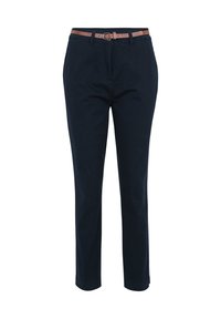 Marinära byxor i bomull med slim fit, framfickor och ett brunt läderbälte med en silverfärgad spänne.