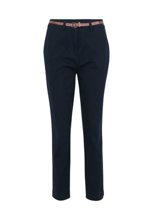 Navy blue trousers made of cotton, featuring a slim fit, front pockets, and a brown leather belt with a silver buckle.