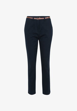 Navy blue trousers made of cotton, featuring a slim fit, front pockets, and a brown leather belt with a silver buckle.