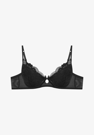 Schwarzer Spitzen-Bügel-BH mit transparenter Mesh-Bande, gewellten Spitze-Kanten und einem zentralen Ausschnitt. Verstellbare Träger mit goldenen Akzenten.