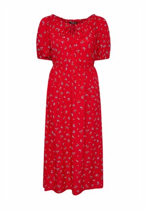 Rotes Midikleid mit kleinem blau-weißem Blumenmuster, Puffärmeln, taillierter Taille und Schlaufen-Detail am Ausschnitt.