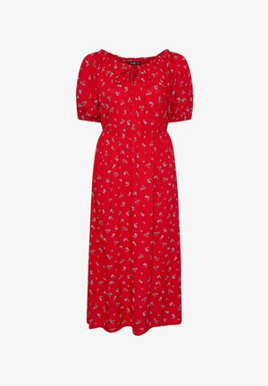 Rode midi-jurk met klein blauw-wit bloemenpatroon, pofmouwen, getailleerde taille en detail met strik bij de hals.