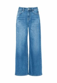 Jeans large en denim bleu clair, à taille haute, avec cinq poches et des détails légèrement déchirés sur le tissu.