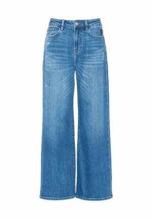 Light blue wide-leg jeans made from denim, featuring a high waist, five pockets, and subtle distressed detailing on the fabric.