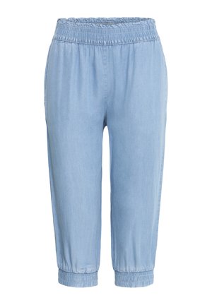 Pantalon court bleu clair avec taille et poignets élastiques, en tissu doux et léger, idéal pour un usage décontracté.