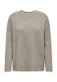 Hellbrauner Pullover aus weichem Material, mit ribbeliger Textur, gewelltem weißen Besatz am Ausschnitt und am Saum, mit langen Ärmeln.