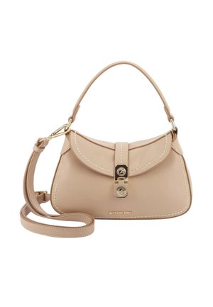 Borsa a mano in pelle beige con patta curva, chiusura dorata, tracolla removibile e manico superiore, con marchio "GATTINONI ROMA".