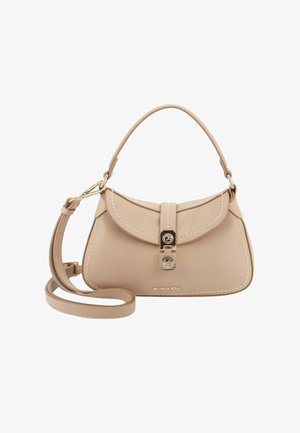 Borsa a mano in pelle beige con patta curva, chiusura dorata, tracolla removibile e manico superiore, con marchio "GATTINONI ROMA".