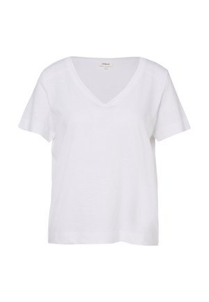 Biały, krótki rękaw, bawełniany T-shirt z dekoltem w serek i luźnym krojem, przedstawiony na jednolitym białym tle.