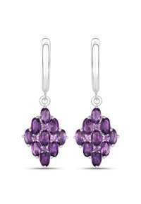 Amethyst-Ohrringe mit mehreren ovalen Steinen in einem silberfarbenen Rahmen, mit einem hängenden Design und polierter Oberfläche.
